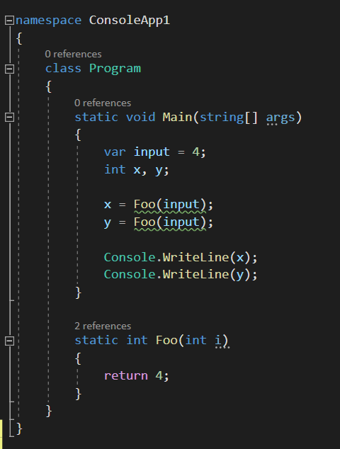 Squiggly Lines under multiple Foo Method Invocation showing there have been reported diagnostics